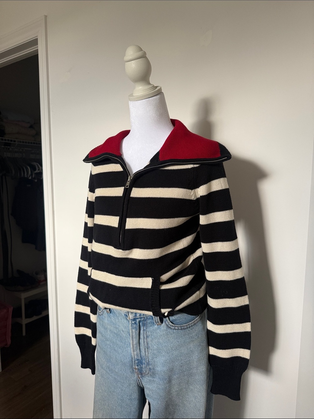 Lauren by Ralph Lauren Striped Knit Half-Zip Sweater with Red Collar - Picture 2 of 3